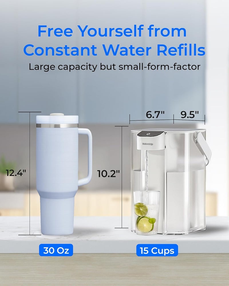 Waterdrop غلاية مياه كهربائية قلوية، موزع مياه قابل لإعادة الشحن، منقي طاولة فوري سعة 200 جالون و15 كوب، معتمد من NSF/ANSI 42، يقلل من PFOA/PFOS، الكلور، الرصاص، أبيض، مع 1 فلتر - Image 4